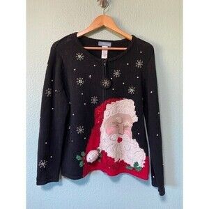 Vintage‎ Women's Santa Claus Black Sweater Snowflake Large